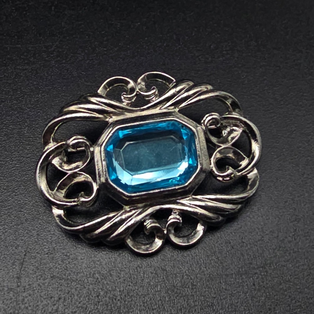 Avon Blue Rhinestone Brooch Silver Tone Scroll Work Vintage Costume Jewelry